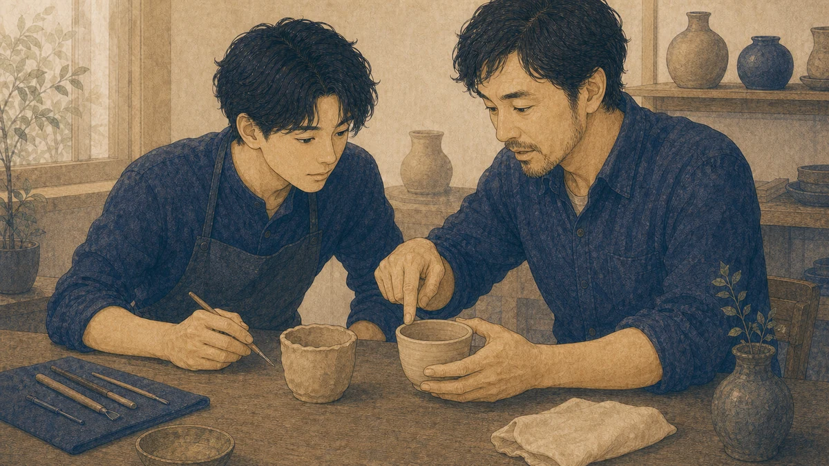 職人と指導者が粗い試作品と改良後の試作品を並べ、形の違いを指しながら次の修正点を確認している場面