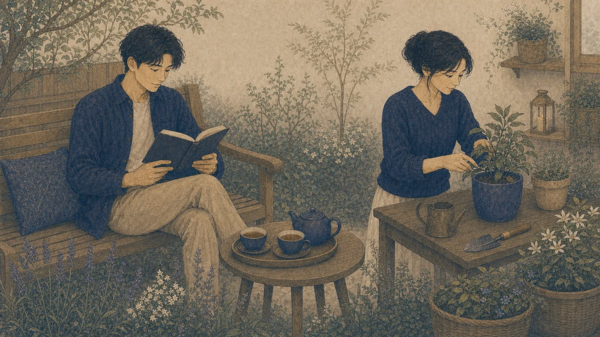 二人が庭のテーブルで個人の予定と共同の予定を分け、互いの休息時間を残しながら相談している場面