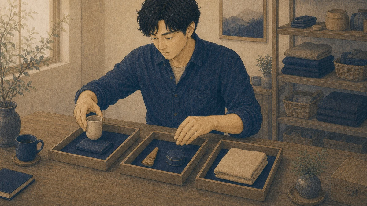 一人の成人が棚の道具や衣類を取り出し、使う物・手入れする物・手放す物の無地トレーへ分けている場面