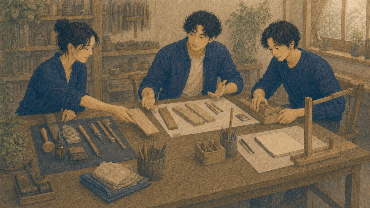 三人の成人が工房の作業台で、木材、道具、時間の目印を保守・育成・新しい仕事へ共同で配分する編集イラスト