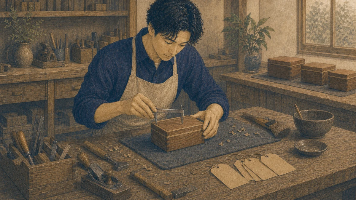 成人の職人が木工作業場で完成間近の一点を測り、道具を調整して品質を確かめる編集イラスト