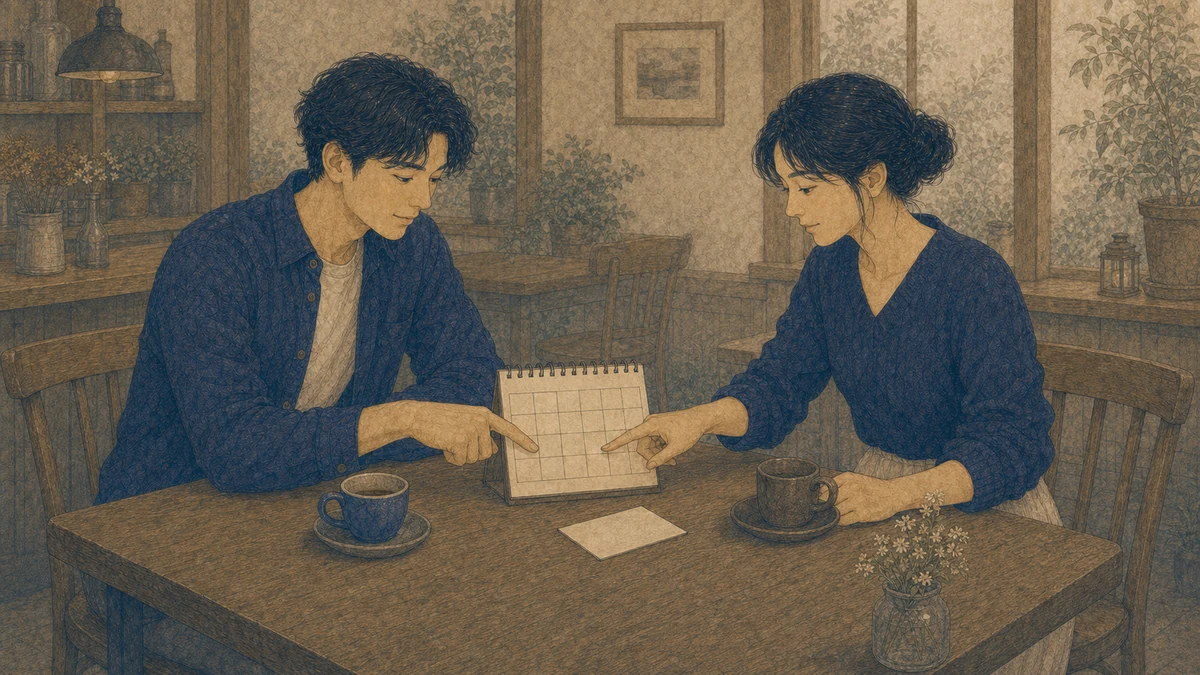 二人の成人がカフェで無地の予定カードと卓上カレンダーを指し、次に会える日を一緒に確認する編集イラスト