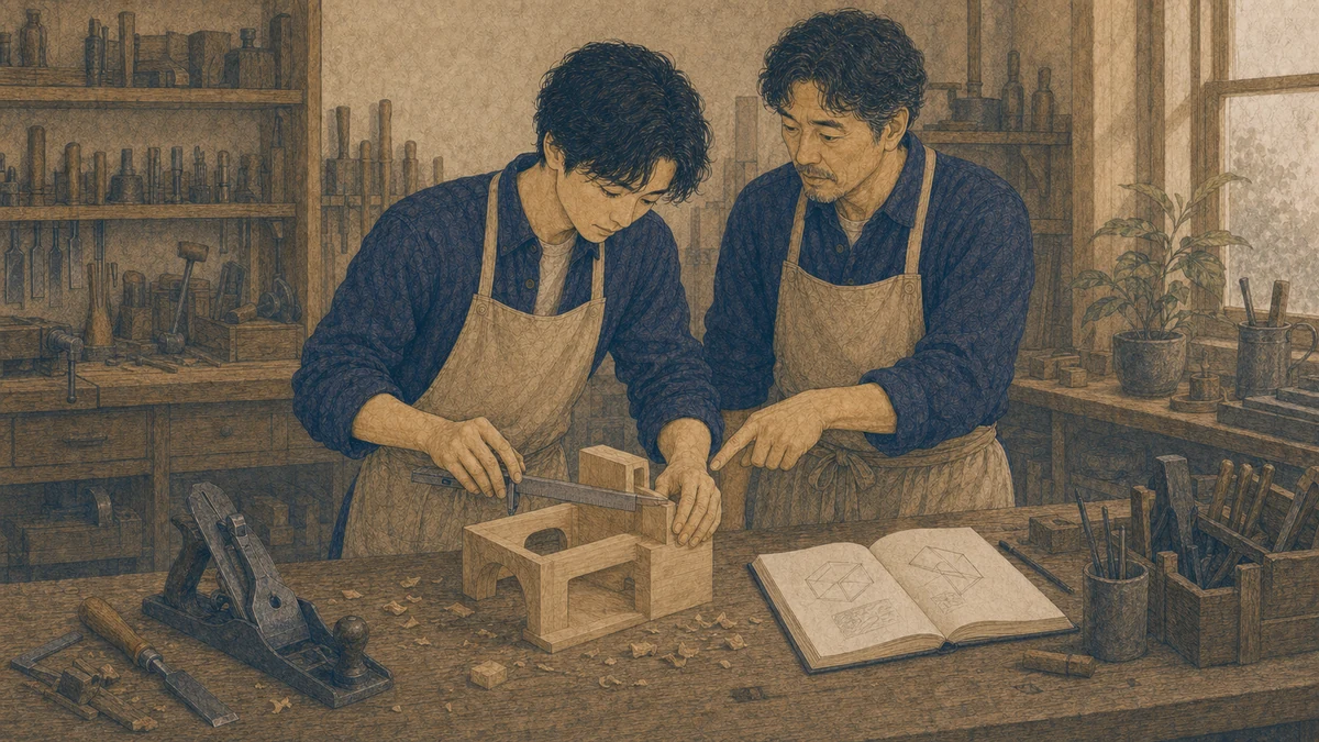 若い成人の見習いが作業台で小さな木製試作品を測り、年長の同僚が修正箇所を一つ示す編集イラスト