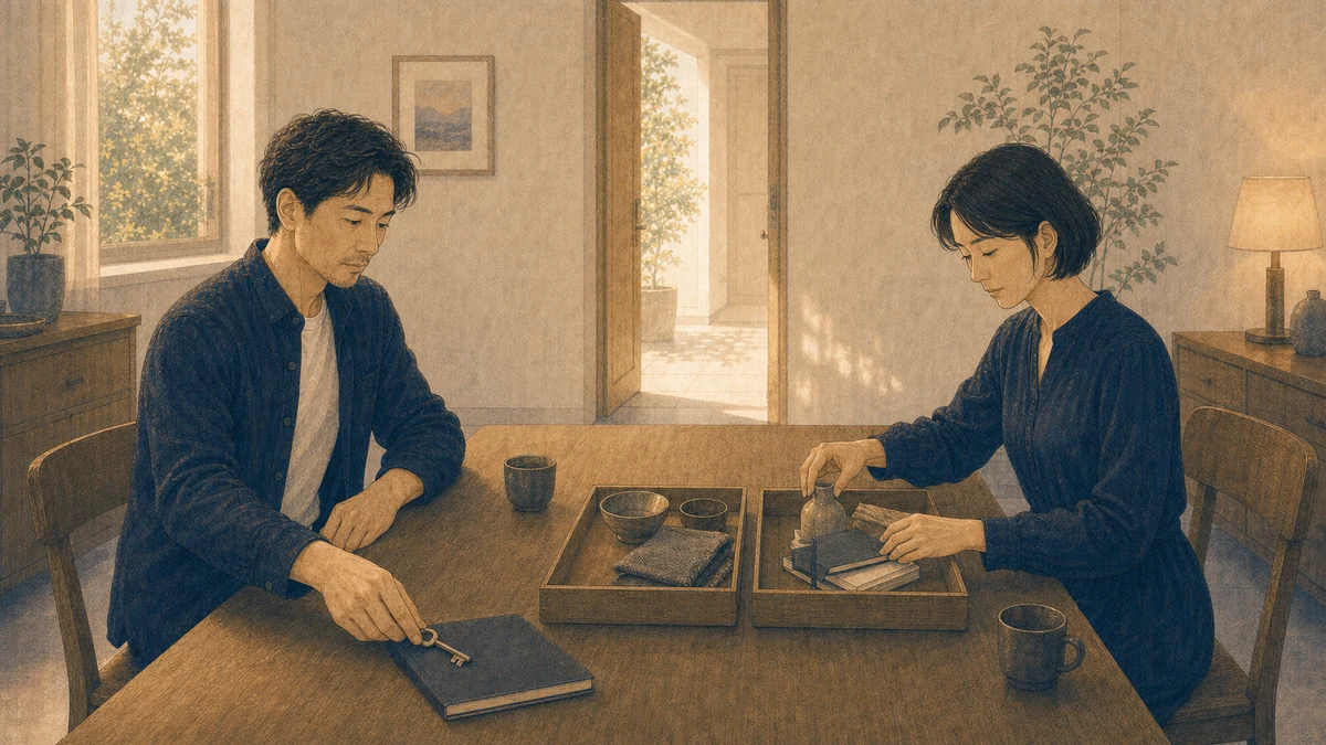 朝の室内で、二人の成人が向かい合い、共有していた鍵とノートを閉じて、持ち物を二つの木製トレーへ静かに分けている場面