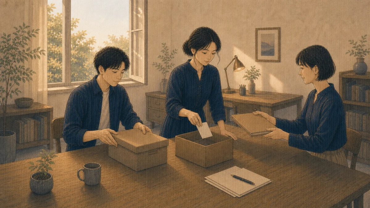 朝日の入る仕事場で、三人の成人が完了資料を箱へ収め、残る薄いフォルダーを担当者へ手渡して引き継いでいる場面