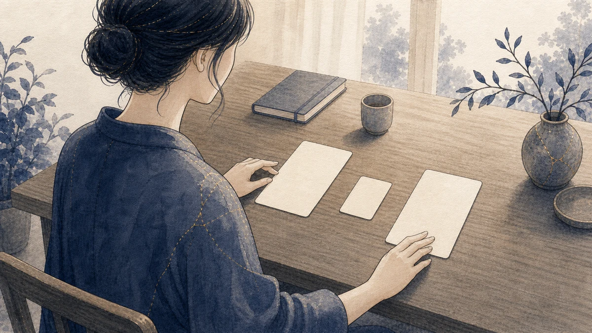 一人の成人が静かな机で二つの無地の予定カードを左右へ並べ、中央に共通して守りたい条件を示す小さなカードを置きながら対話の準備をしている場面
