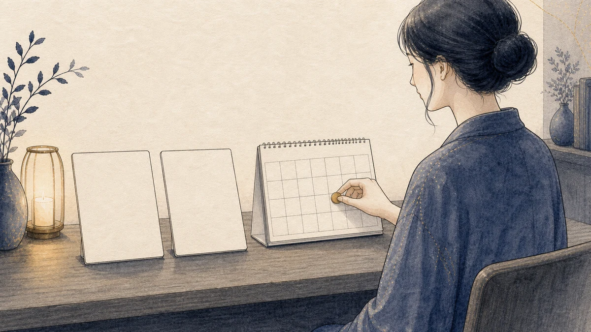 一人の成人が落ち着いた部屋で、二つの候補を記した無地のボードと小さなカレンダーを見直し、保留を終える日を示す一つの印を静かに置いている場面