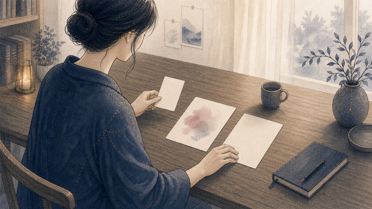一人の成人が落ち着いた机で、届いた短いメッセージ、そこから感じた悲しみ、次の会話で確かめたい質問を三枚の無地の紙へ分けて整理している場面