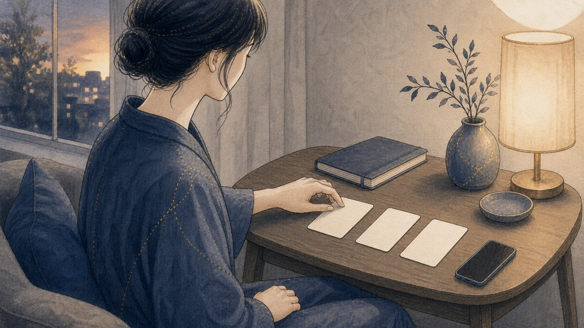 一人の成人が静かな部屋で、休息、信頼できる人への連絡、明日の小さな予定を表す三枚の無地カードを順に置き、回復のための現実的な一歩を選んでいる場面