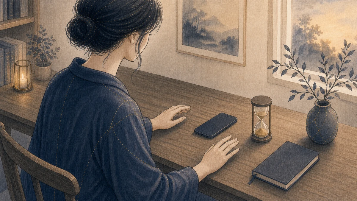 一人の成人が静かな机でスマートフォンを伏せて小さな砂時計の横に置き、返信する前に両手を離して落ち着く時間を取っている場面