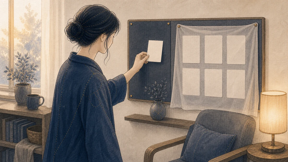 一人の成人が落ち着いた部屋の計画ボードで、ほかの無地カードを布の下に残したまま、今日試す一枚だけを小さな空き枠へ移している場面