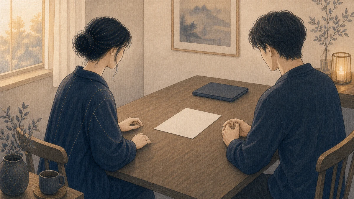 二人の成人が向かい合う机で、脇へ置いた無地のボードから中央の一枚の白紙へ視線を移し、話し合いを仕切り直している場面