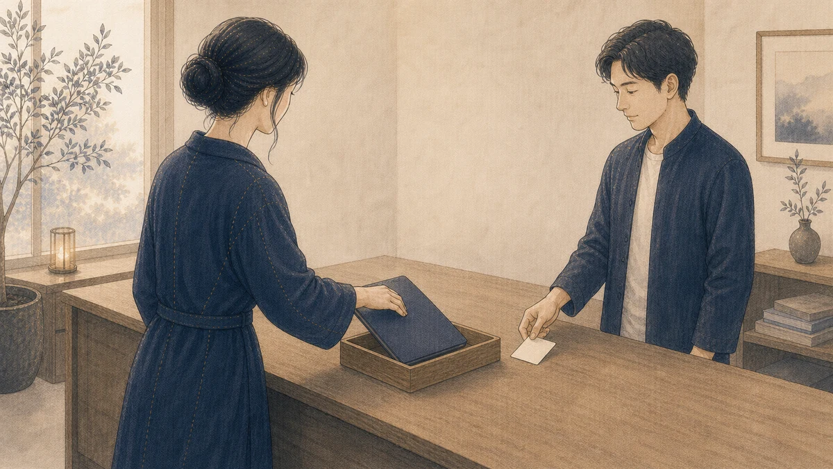 静かな返却カウンターで、一人の成人が共同フォルダーを木製トレーへ戻し、離れた位置のもう一人が次の連絡を示す無地カードを置いている場面