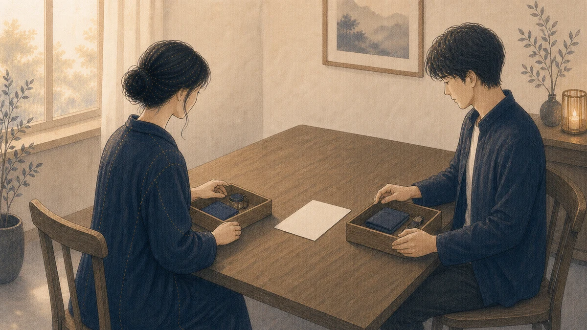 二人の成人が静かな部屋で、共有していた小物を左右の木製トレーへ分け、中央の一枚の白紙で今後の連絡方法を整理している場面