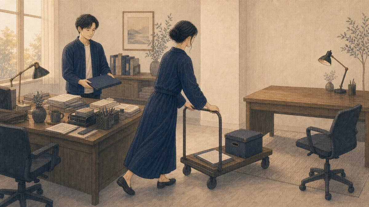明るい仕事場で、一人の成人が保管箱と無地の工程表を載せたカートを静かな新しい席へ運び、もう一人が旧席で共有フォルダーを受け取っている場面