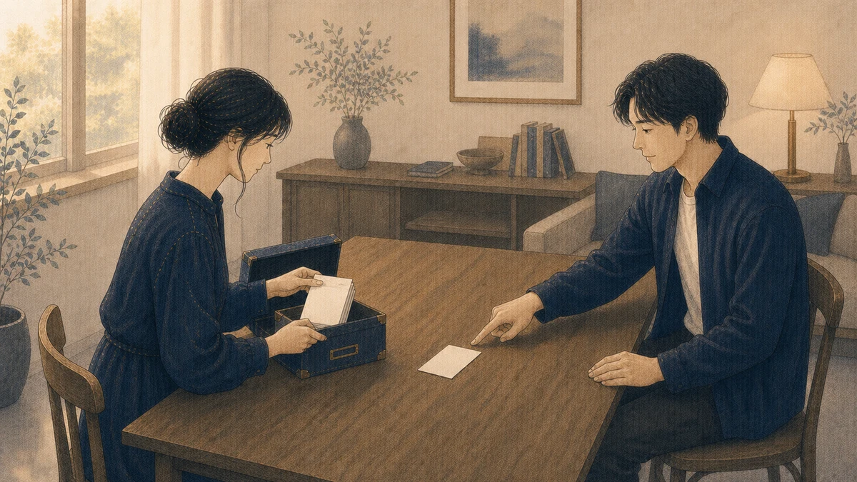 二人の成人が明るい居間で、個人的な無地のメモを蓋付き箱へしまう領域と、中央で共有する一枚の白紙を分け、穏やかに確認している場面
