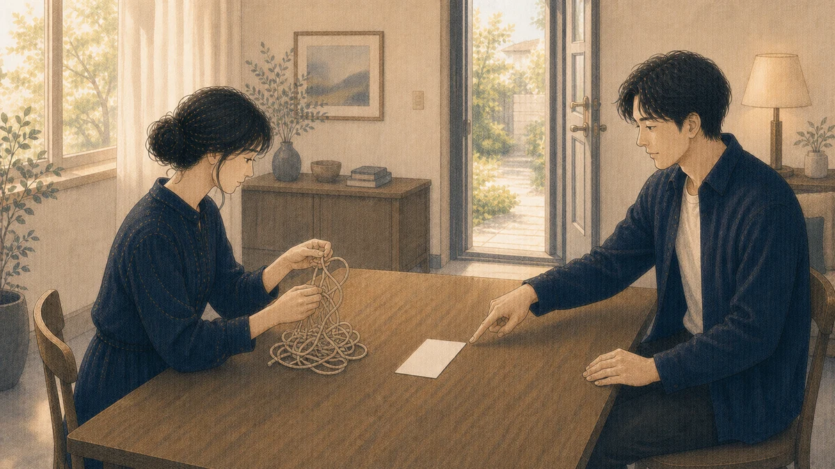二人の成人が明るい居間で、机上の絡まった細い紐をほどきながら、中央の一枚の白紙と開いた扉を確認している場面