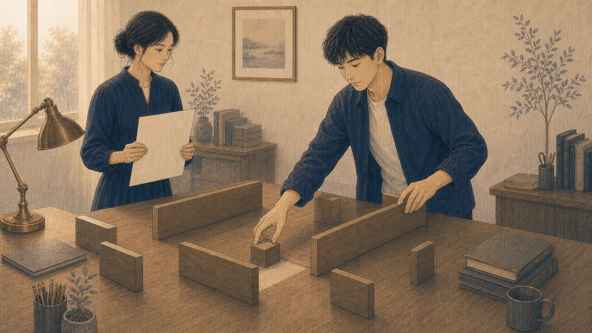 明るいオフィスで、二人の成人が机上の木製仕切りの一部を動かして通路を作り、小さな作業箱を開いた経路へ移している場面