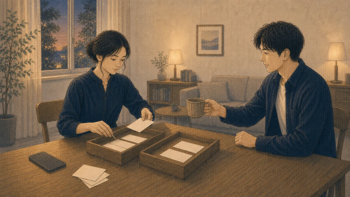 夜の居間で、一人の成人が閉じた端末を脇に置き、紙を事実と予測の二つの無地トレーへ分け、別の成人が少し離れた席から温かい飲み物を差し出している場面