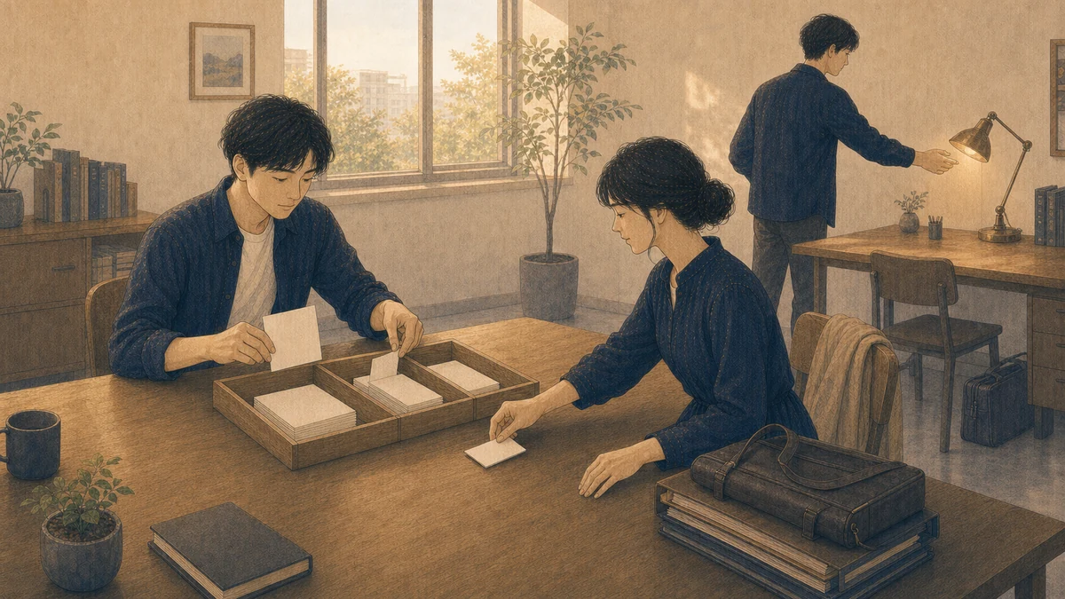 明るい仕事場で、二人の成人が無地の予定カードを三つに分け、別の一人が作業灯を消して退室準備をしている場面