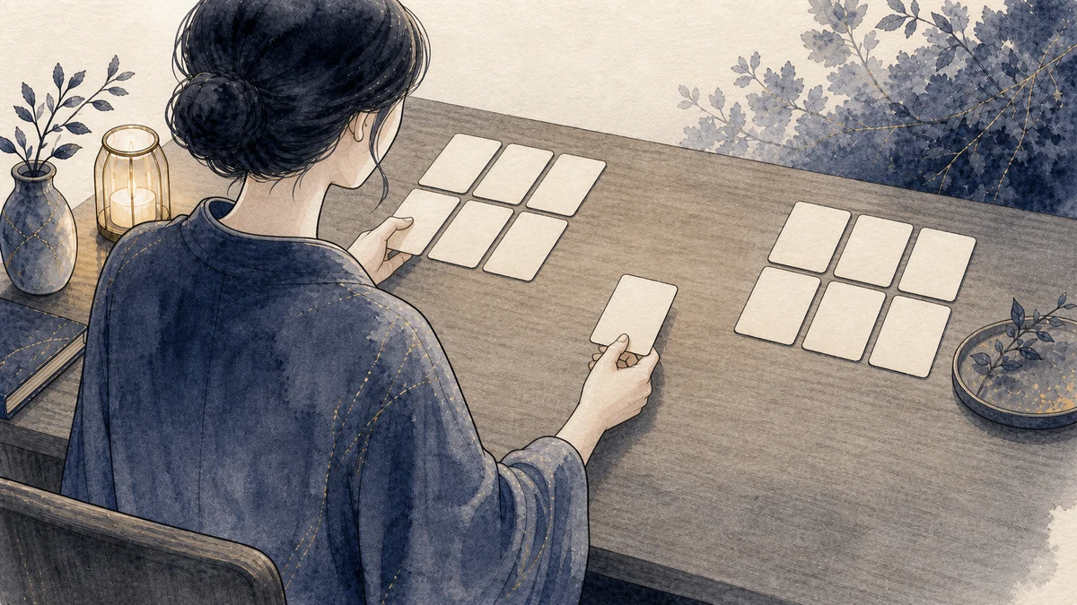 一人の成人が机で、相手から実際に受け取った言葉と自分の推測を二つの無地カード群へ分け、次の対話で尋ねる質問を一つ選んでいる場面