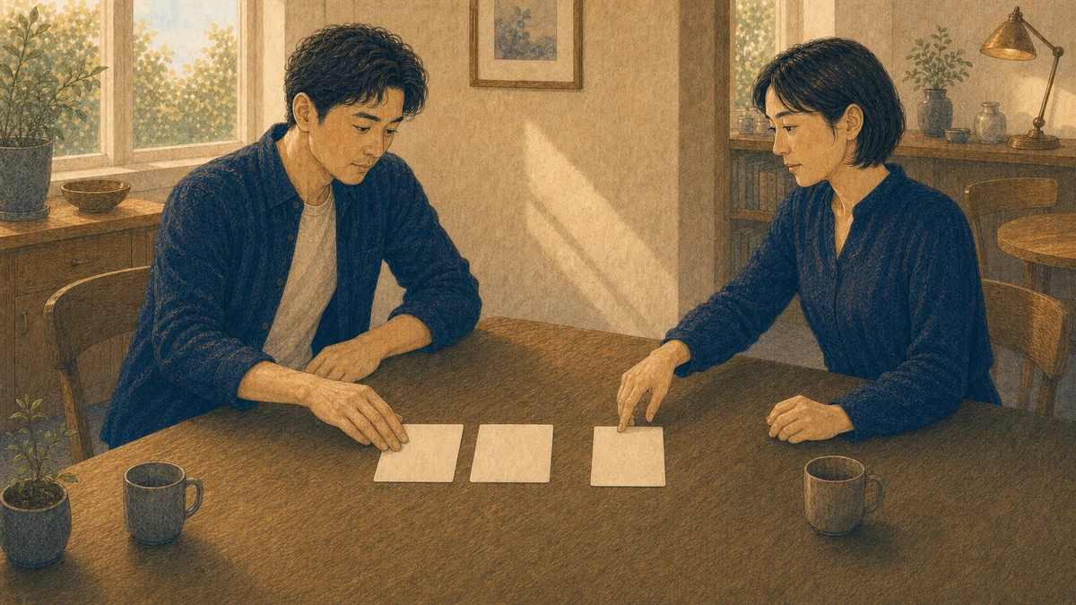 落ち着いた室内で二人の成人が無地の予定カードと境界カードを一緒に並べ、互いの条件を対等に確認している編集的イラスト
