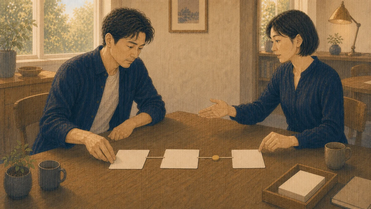 朝の仕事机で、二人の成人が三枚の無地カードを順番に並べ、細いルート紐の中間へ丸い確認目印を置いて開始を合図している場面