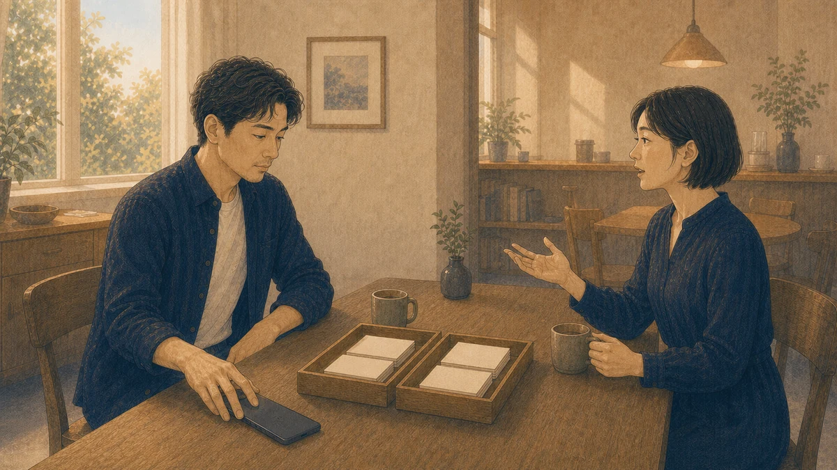 朝のカフェで、二人の成人が向かい合い、一人が端末を伏せて無地カードを二つの木製トレーへ分け、もう一人の話を聞いている場面