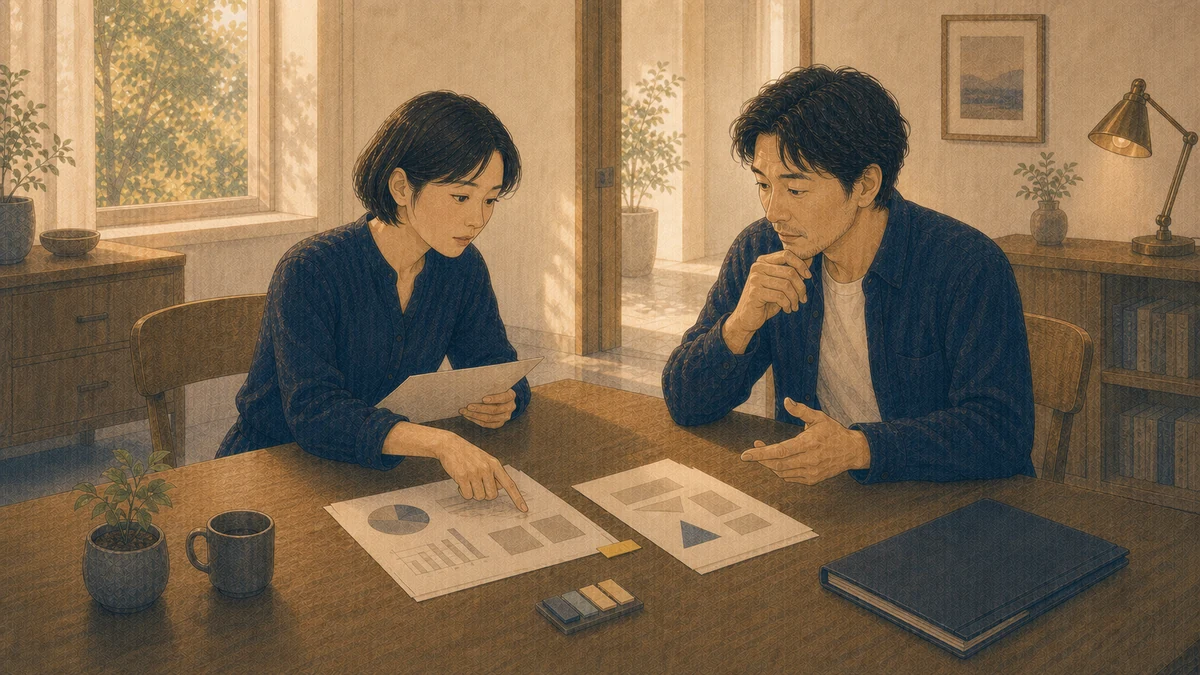 朝日の入る仕事場で、二人の成人が二枚の無地資料を並べ、相違点へ色札を置き、共有前に質問しながら確認している場面