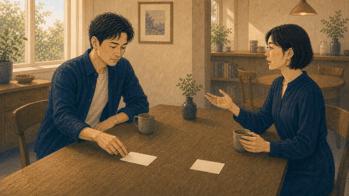 静かなカフェのテーブルで二人の成人が向き合い、一人が無地のメモを二つに分け、もう一人が開いた手で話し合いを続けている編集的イラスト