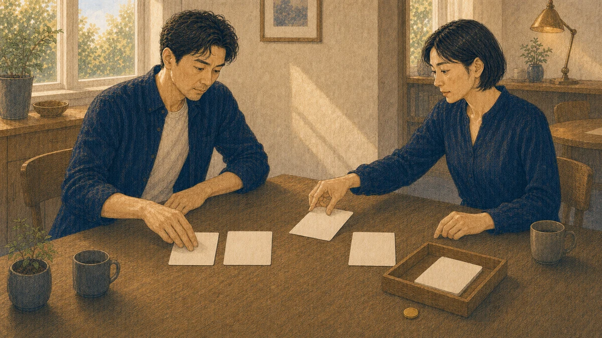 明るい仕事机で二人の成人が複数の無地カードから根拠のある二枚だけを選び、別の一枚を保留用トレーへ移している編集的イラスト