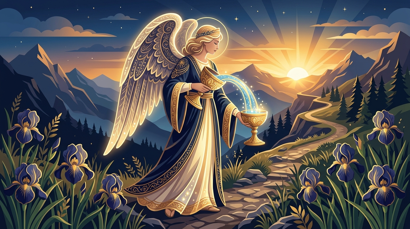 タロット節制カードの天使が2つの杯で水を注ぐシンボリズム