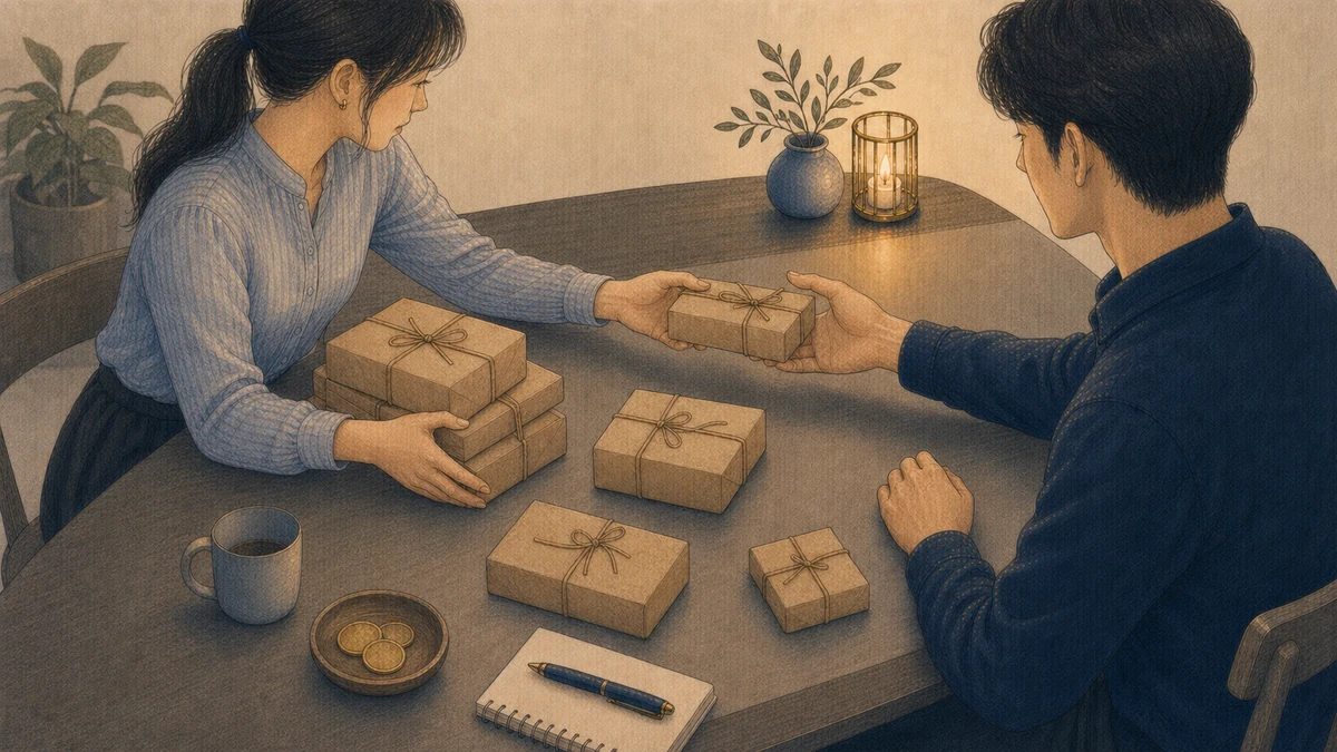 二人の成人が生活上の役割を示す複数の小さな荷物をテーブルで分け、一人が抱えていた束を下ろし、もう一人が担当する一つを受け取る場面