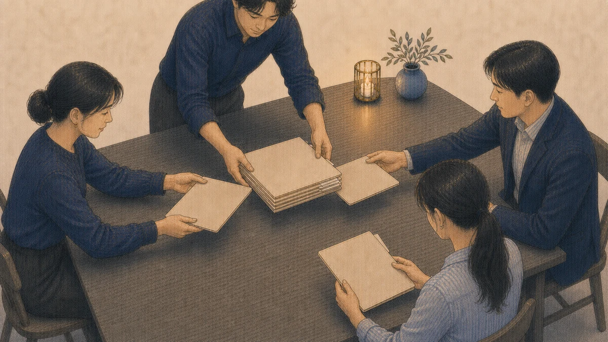 4人の成人チームが作業机を囲み、一人が抱えていた複数の無地ファイルを机へ下ろし、別の二人が担当分を受け取り、最後の一人が残す一冊を確認する場面
