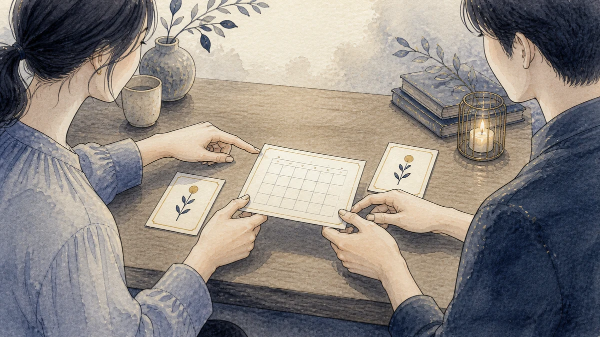 二人の成人が文字のない予定カードと二つの行き先候補を机に並べ、片方が相手の希望を指さしながら共通の予定を一つ選んでいる場面