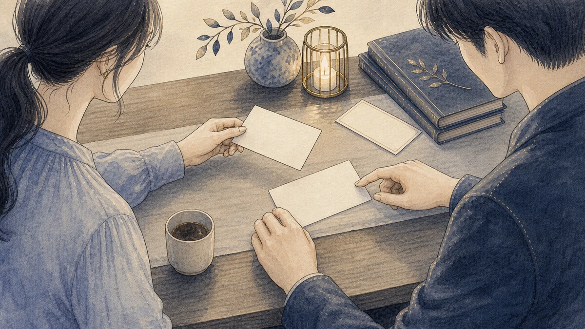 二人の成人が静かな机で無地の予定カードを渡し合い、一人が別の候補カードを指して次の予定を調整している場面