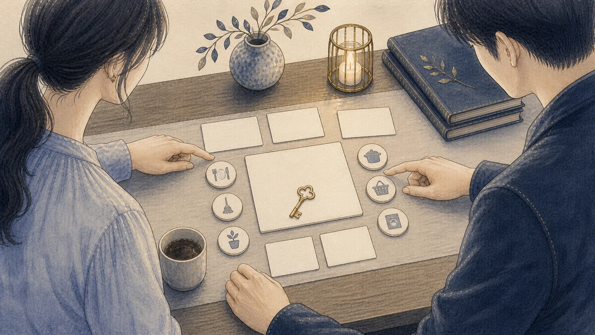 二人の成人が静かな机で、家の鍵と家事や予定を表す無地カードを並べ、共同生活の役割を対等に相談している場面