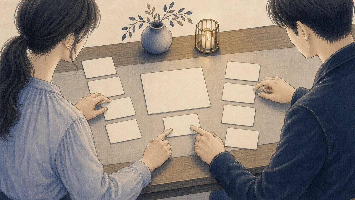 二人の成人が机上の無地カードを左右の希望と中央の共通目的に分け、同じ一枚を一緒に指しながら論点を整理している場面