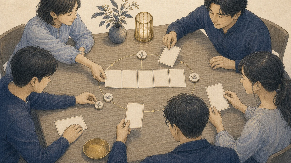 五人の成人が同じ机で各自の無地提案カードを中央の比較枠へ順番に置き、発言順と終了条件を示す印を配置している場面