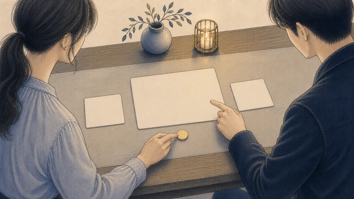 静かなテーブルで二人が共有成果カードと互いの貢献カードを確認し、中央に承認の金色トークンを置く場面