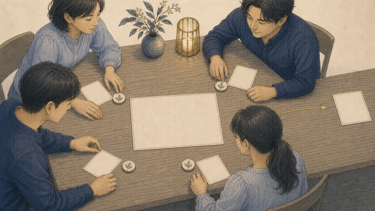 4人のチームが中央の成果カード、各自の貢献トークン、右側の次の一歩カードを並べて振り返る場面