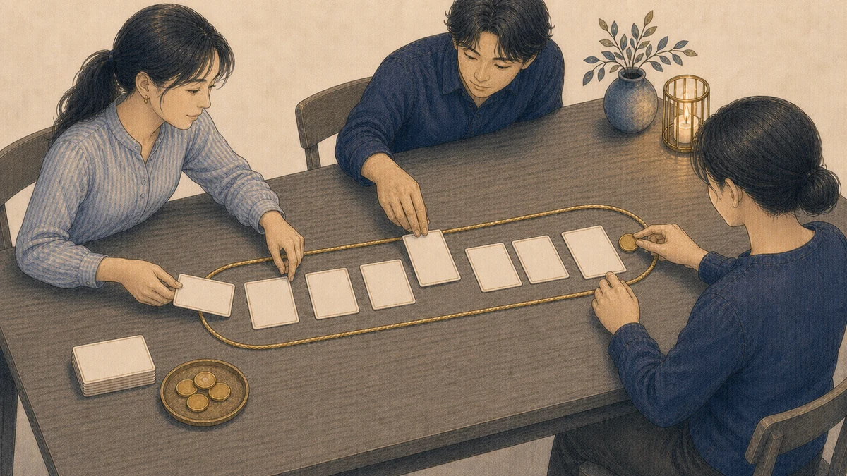 3人のチームが白紙の作業カードを一本の金色レーンへ順に送り、最後の一人が確認用トークンを置いてから次の工程へ渡す場面
