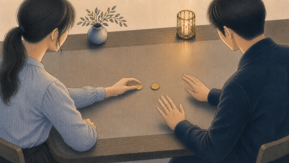 二人の成人が適度な距離を保って向かい合い、一人が境界を示す金色の小さなトークンを置き、もう一人が手を止めて意思を尊重する場面