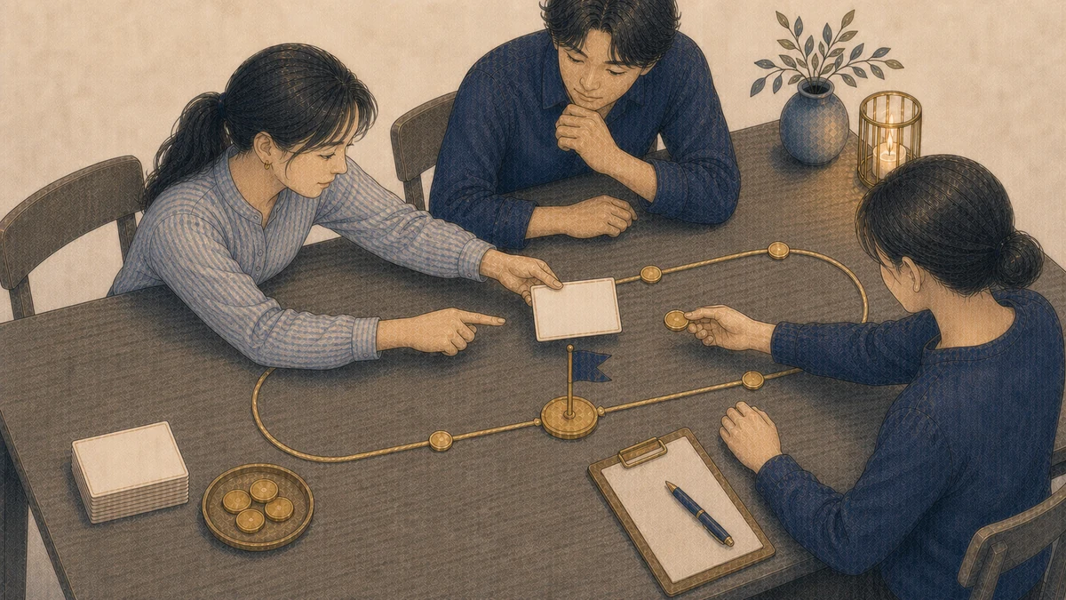 3人のチームが公開直前の作業を囲み、一人が白紙の確認カードを指し、別の一人が交代用トークンを受け取り、最後の一人が作業を止めて確認する場面