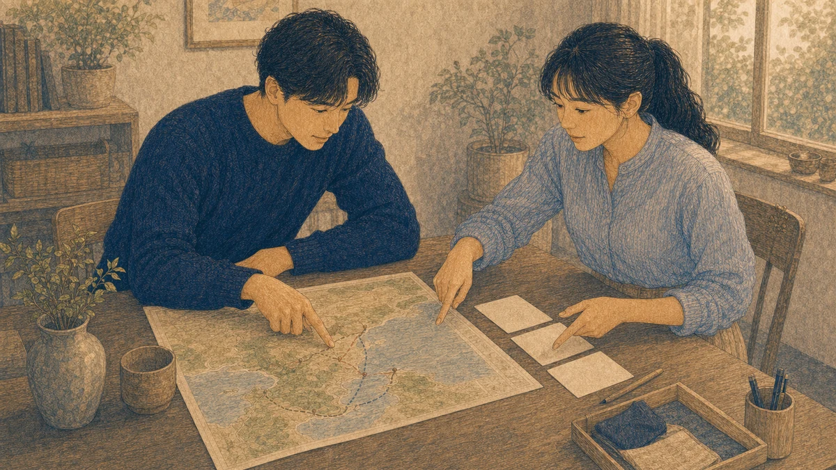 成人二人が共同の小さな旅行計画を立て、一人が地図上の目的地を示し、もう一人が予定表を指して条件を伝えながら一緒に行程を調整する場面