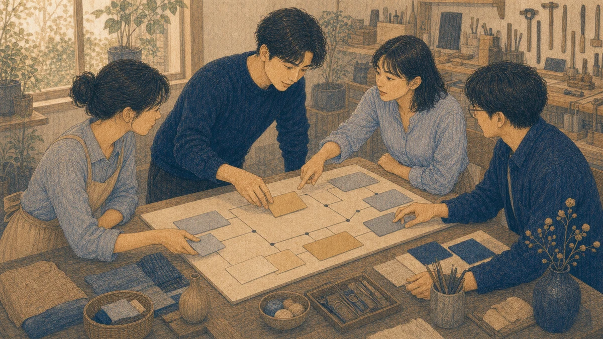 成人四人の小さな制作チームで、責任者が壁の工程図を示して目的と期限を説明し、別の二人が担当を選び、もう一人が懸念点を指して方針を一緒に修正する場面