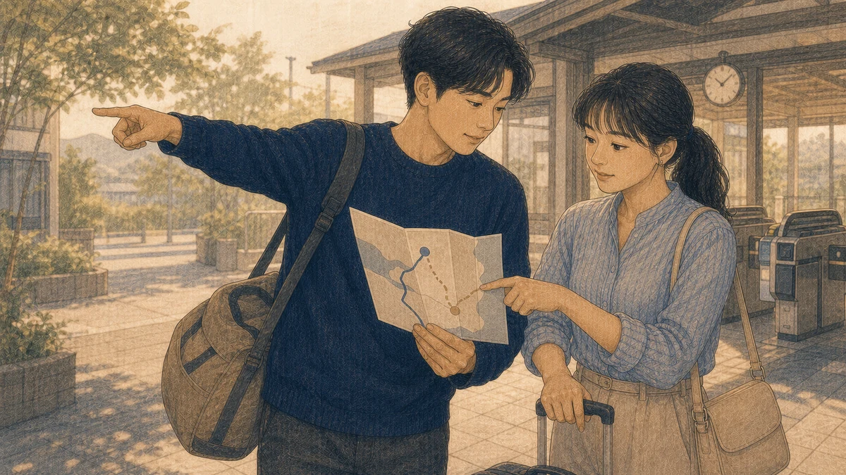 二人の成人が駅前で小旅行の経路と時刻を一緒に確認し、一人が行き先を提案し、もう一人が選択肢を指して合意している場面