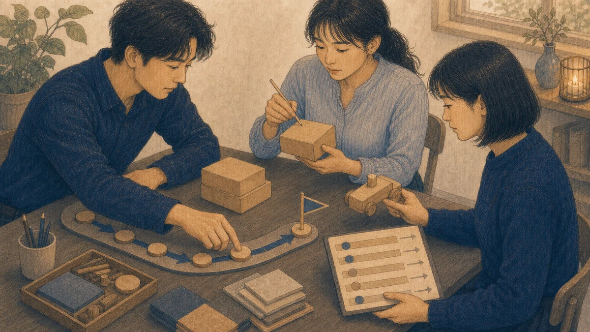 小さなチームが作業台で試作品の公開準備をし、一人が開始カードを動かし、別の一人が安全項目を確認し、もう一人が進行表を見ている場面