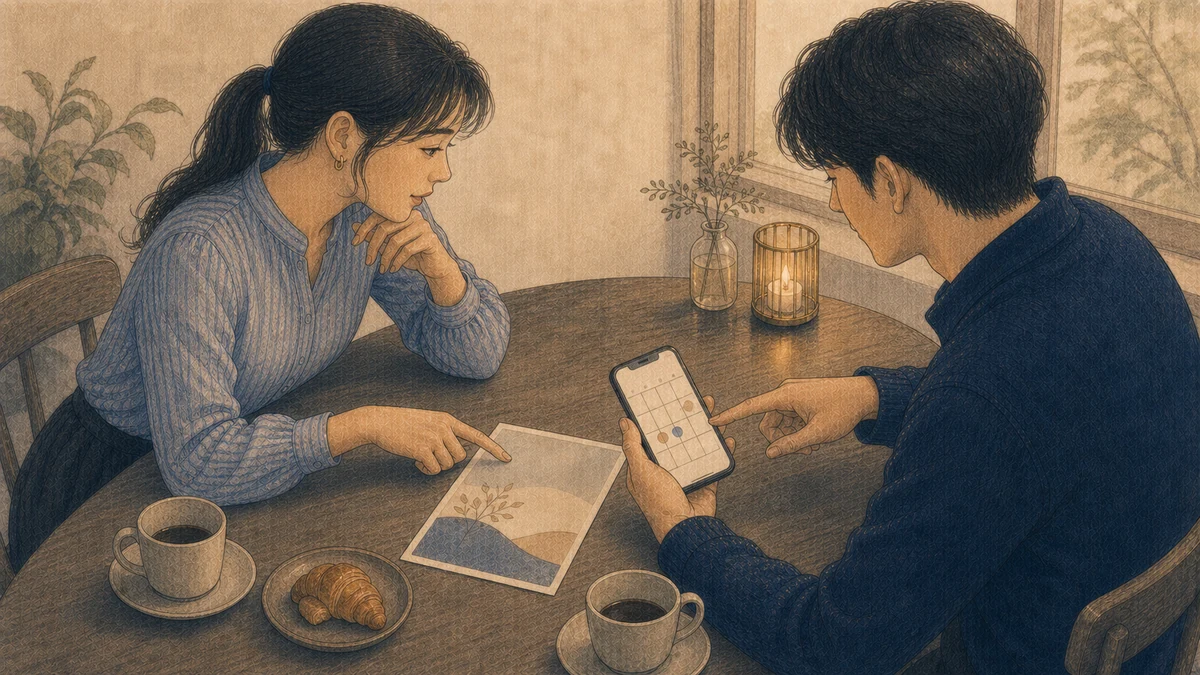 二人の成人がカフェのテーブルで一枚のイベント案内とスマートフォンの予定表を見比べ、一人が候補日を指し、もう一人が興味を示して身を乗り出す場面