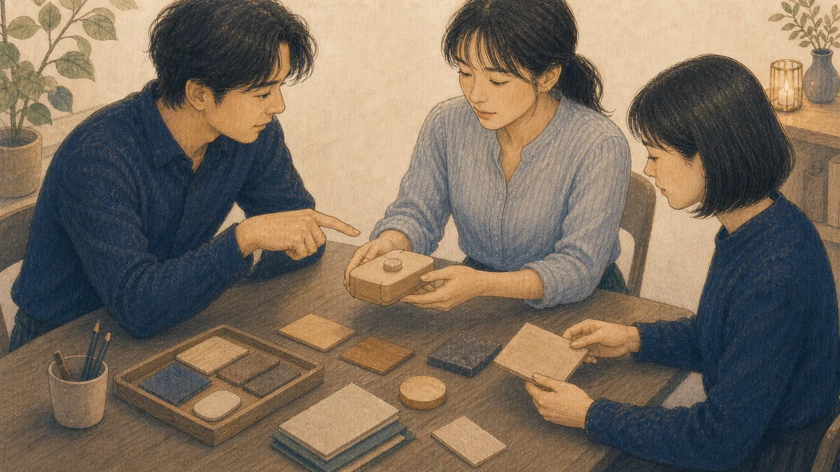 3人の成人が小さな作業台を囲み、一人が無地の試作品を差し出し、別の一人が手で改善点を示し、もう一人が次に試す材料を準備する場面